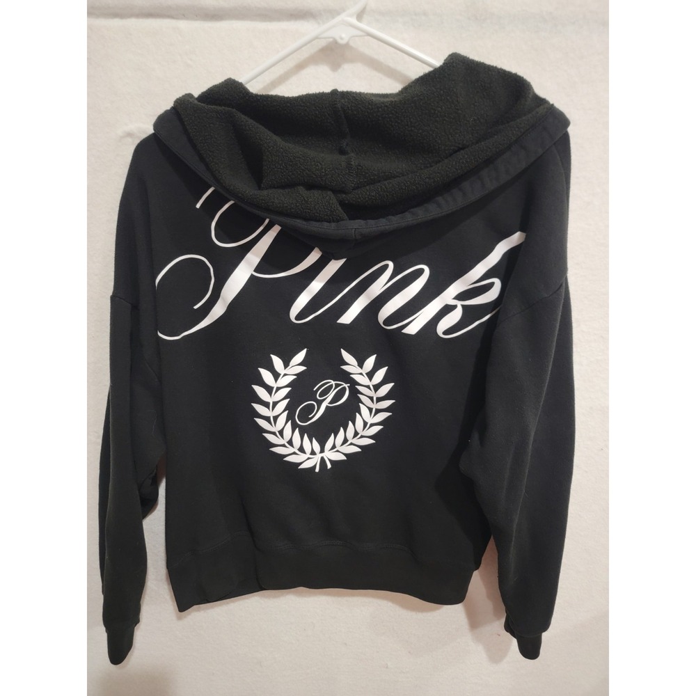 Victoria's Secret PINK Womens Medium Black Ivy Crest Logo Full Zip Fleece Hoodie